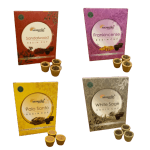 Producto para sahumar Dhoop Cups Cup Carbon Aromatika Resina Surtido Sandalo Incienso Palo Santo White Sage Shantala SA PPSACUASORT4